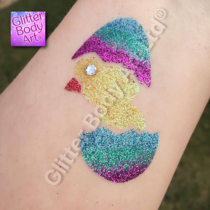easter glitter tattoo stencil of baby chick in an egg
