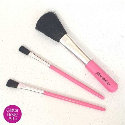 set of 3 pink makeup brushes for applying glitter
