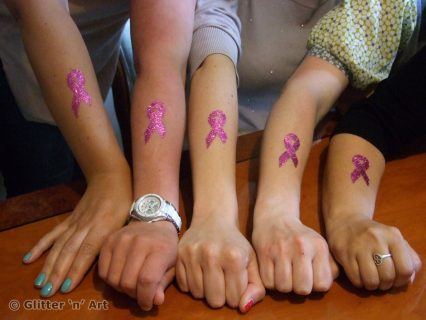 cancer research ribbon temporary tattoos in pink glitter