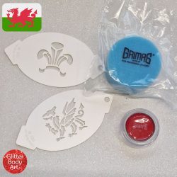 Wales face painting kit, welsh dragon stencil template and Grimas facepaint