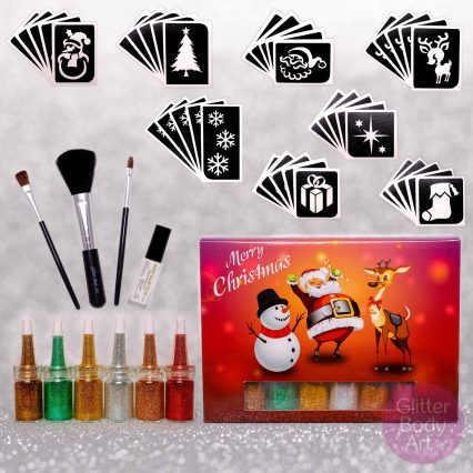 Christmas Glitter Tattoo Kit, festive Christmas stencil template designs