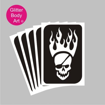 skull with eyepatch and flames coming from his head, temporary tattoos for kids
