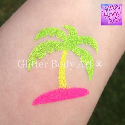 Palm tree on desert island, Moana temporary tattoo stencil made with UV glitter