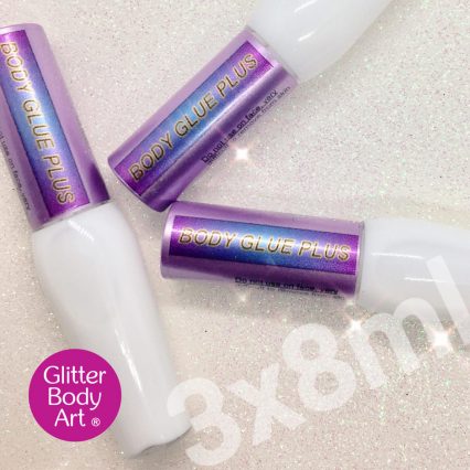 pack of 3 body glue in container with sponge applicator, glitter tattoo glue, body adhesive for glitter, prosthetics glue