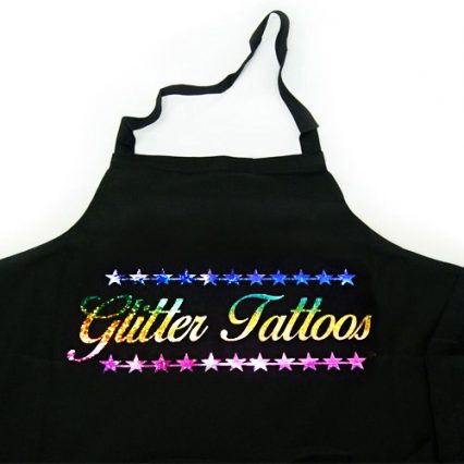 black glitter tattoo apron with rainbow writing