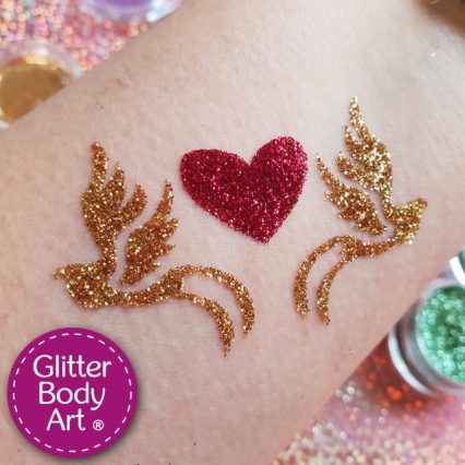 heart temporary tattoo with love doves, heart glitter tattoo