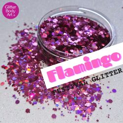 Flamingo Festival Glitter makeup for face and glitter hair, chunky glitter shapes