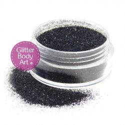 black face & body glitter for cosmetic application of makeup and glitter tattoos, loose glitter in a jar