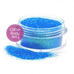Bright blue face and body glitter makeup for glitter tattoos