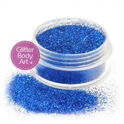 Royal blue face and body glitter makeup jar of loose blue glitter