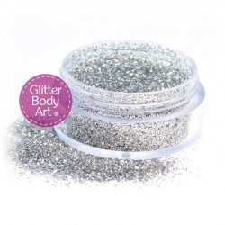 Silver face and body glitter makeup jar of silver cosmetic glitter