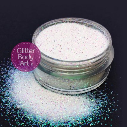 jar of white aurora cosmetic glitter for makeup and glitter tattoos