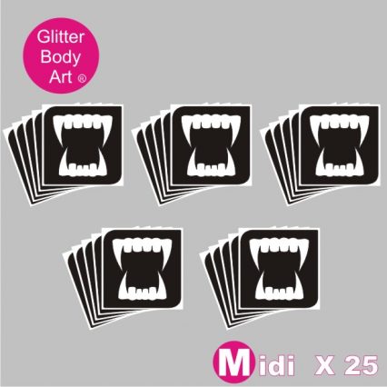 midi sized vampire teeth temporary tattoo stencil for halloween glitter tattoos