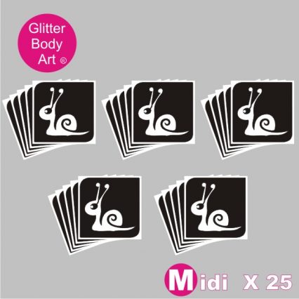 25 midi sized Snail temporary tattoo stencils for glitter tattoos