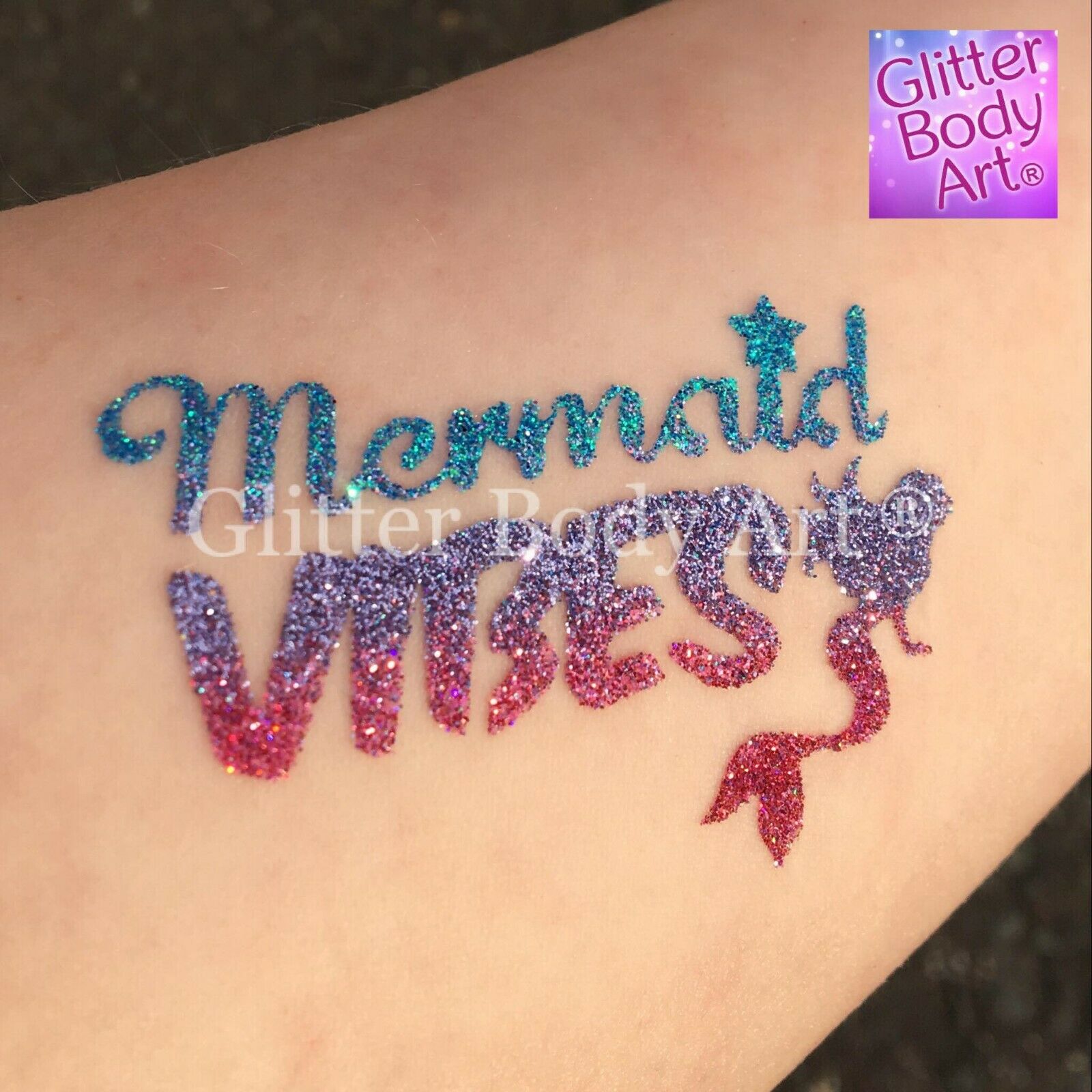 mermaid vibes wordart temporary tattoo stencil, mermaid birthday party temporary tattoo, sparkly mermaid glitter tattoo