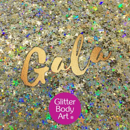 gold festival glitter makeup mix with gold holographic stars and hexagon shapes