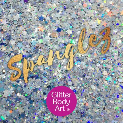 silver chunky festival glitter makeup for the face with holographic silver stars and holographic shapes