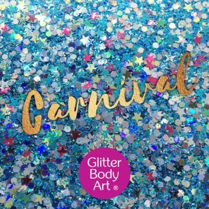 chunky festival glitter makeup for the face with stars and holograhic hexagon shapes