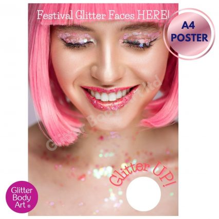 Girl with pink hair and glitter face advertising poster for Festival Makeup