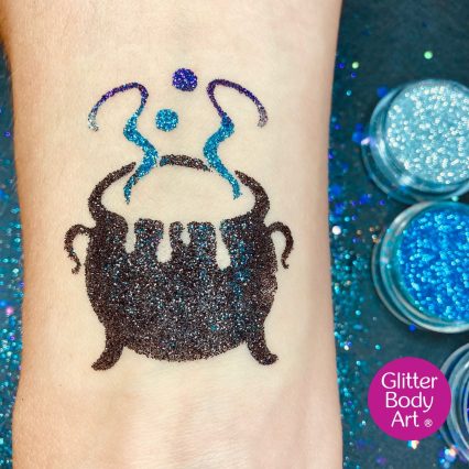 witches cauldron glitter tattoo for halloween parties
