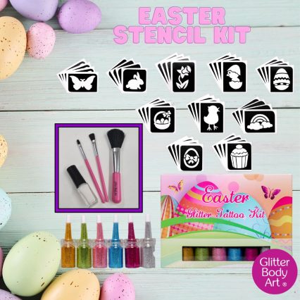 large Easter glitter tattoo kit with 6 glitters and easter stencils for temporary tattoos