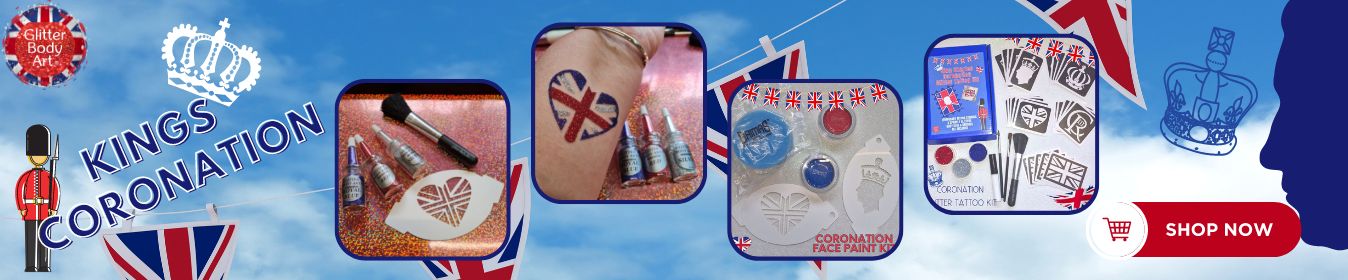 King coronation glitter tattoos face paint stencils glitter body art