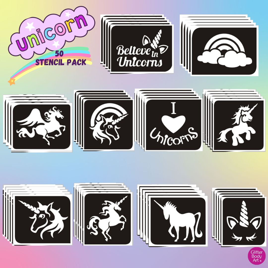 Unicorn Glitter Tattoo Stencils Pack x 50