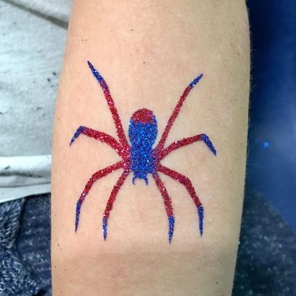 spiderman spider blue and red glitter tattoo Glitter Body Art
