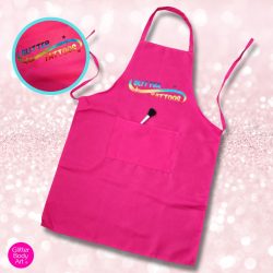 Glitter Tattoo Apron with pockets in bright pink, perfect for children's parties