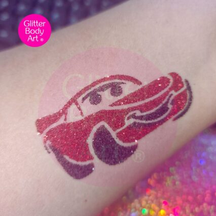 Lightening McQueen glitter tattoo for kids parties, done with red and black glitter