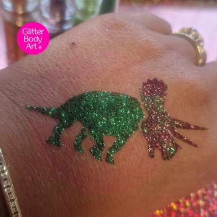 dinosaur glitter tattoo with green and brown body glitter