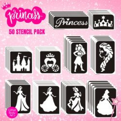 PRINCESS GLITTER TATTOO STENCIL REFILL PACK OF 50 STENCILS