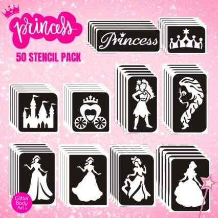 PRINCESS GLITTER TATTOO STENCIL REFILL PACK OF 50 STENCILS