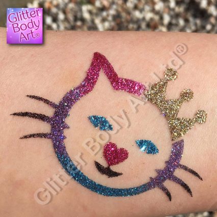 Hello Kitty temporary tattoo stencil, cat princess with crown glitter tattoo