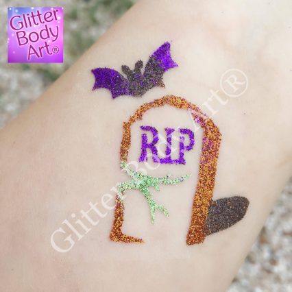 Halloween grave stone with bat temporary tattoo stencil, glitter tattoos for Halloween