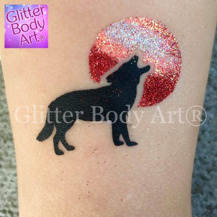 wolf temporary tattoo stencil, Halloween wolf and moon glitter tattoo